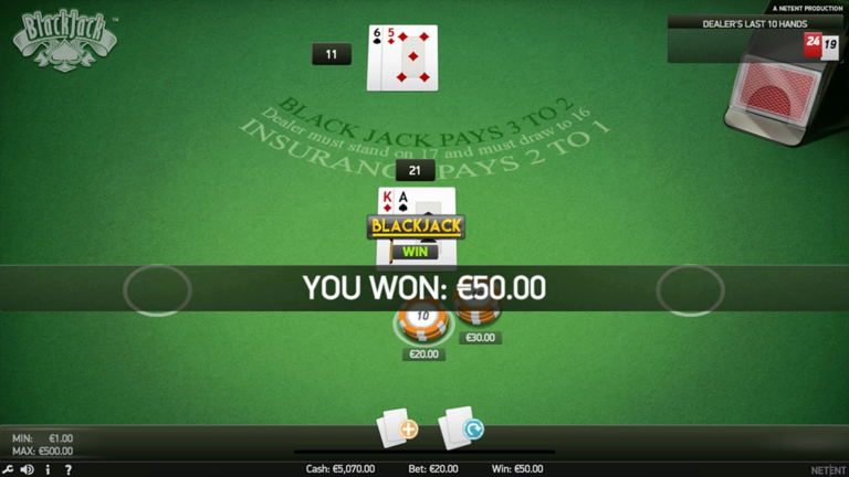Blackjack gameplay screenshot